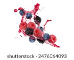 Different berries and splashing juice isolated on white