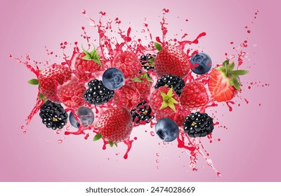 Different berries and splashing juice on pink background - Powered by Shutterstock