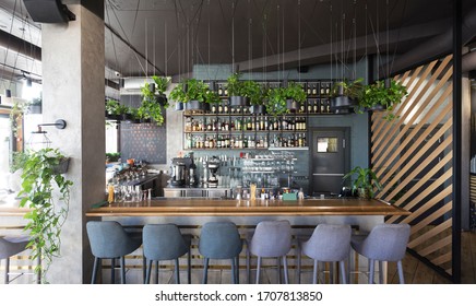 Different Beverages On Bar Counter In Modern Cafe, Online Bar, No People, Copy Space, Panorama