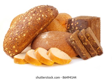 Different bread arranged on table close up