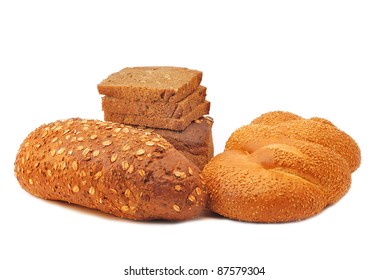 Different breads arranged on table close up