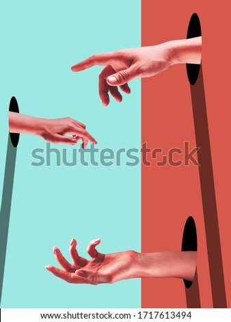 Different. Bright painted human hands touching by fingers. Contemporary art collage. Modern design work in vibrant trendy colors. Stylish and fashionable composition, youth culture. Copyspace.