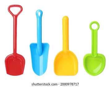 Different bright plastic toy shovels on white background, collage  - Powered by Shutterstock