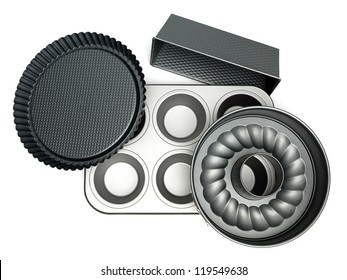 different cake pans on white background