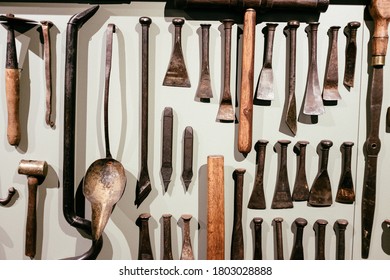 Different carpentry tools on a wall