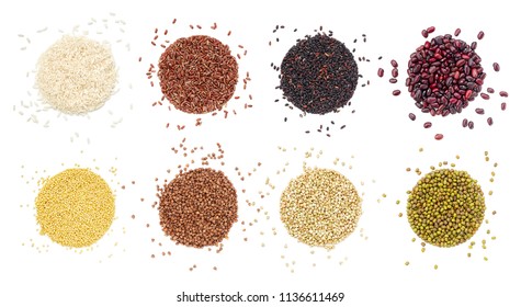 Different Cereals And Beans Shaped In The Form Of A Circle. Overhead Close Up View, Isolated On White Background