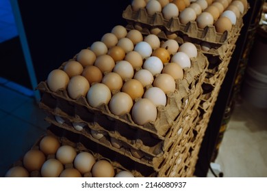 Different Chicken eggs.  Organic eggs in paper box. Soft focus.