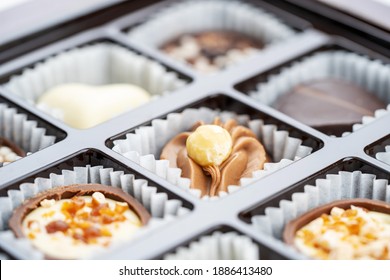 Different chocolate pralines. Box of belgian pralines of different shapes. Assortment of fine belgium white, dark and milk chocolates