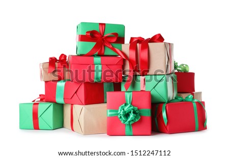 Different Christmas gift boxes on white background