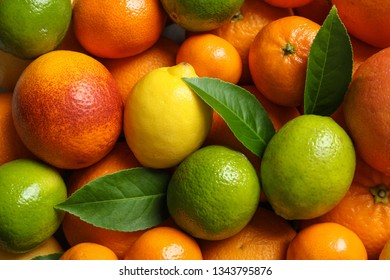 Different citrus fruits as background, top view - Shutterstock ID 1343795876