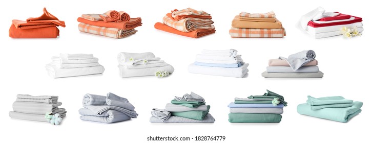 Different clean bed sheets on white background