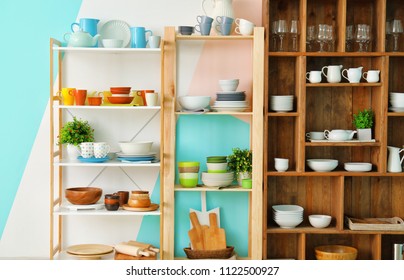 Clean Dishes on Wooden Shelves