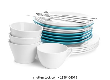 Different clean tableware on white background