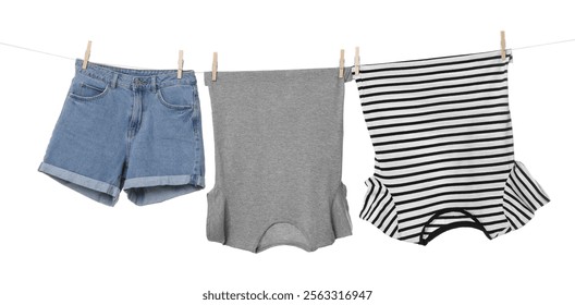 Different clothes drying on laundry line against white background