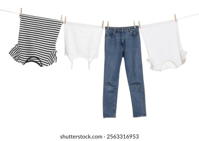 Different clothes drying on laundry line against white background