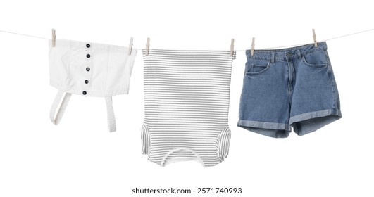 Different clothes drying on laundry line against white background
