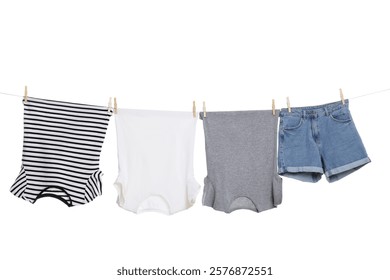 Different clothes drying on laundry line against white background