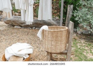 Different clothes drying on laundry line against garden background,clothes hanging laundry on washing line for drying towels drying on the clothesline.