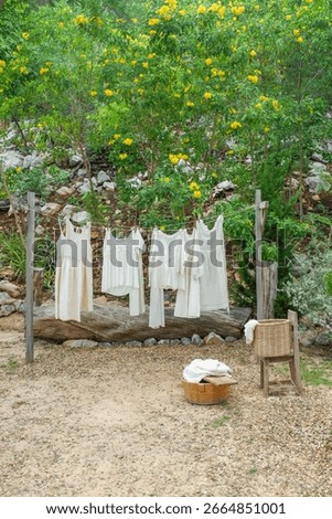Different clothes drying on laundry line against garden background,clothes hanging laundry on washing line for drying towels drying on the clothesline.