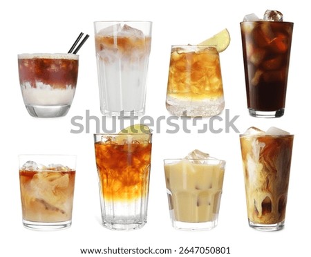 Different cold coffee drinks isolated on white, set