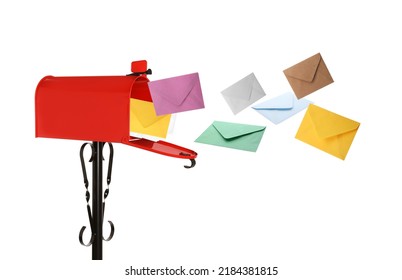 Different Color Envelopes Flying Out From Red Letter Box On White Background