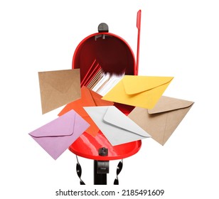 Different Color Envelopes Flying Out From Red Letter Box On White Background