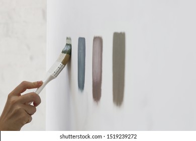 A Different Color Swatches On The White Wall. 
Process Of Choosing The Right Color For The Wall, DIY Home Improvement Concept. 