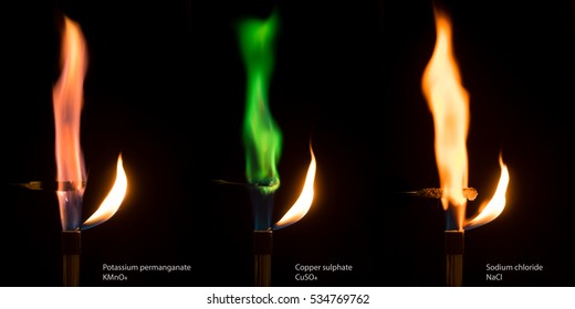 Different Colored Flames Of Burning Salts. Potassium Permangate, Copper Sulphate And Sodium Chloride Salts Combusting In Bunsen Burner Flame