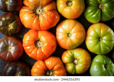 Different colored heirloom tomatoes on a dark surface - Powered by Shutterstock