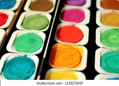 Different Colors Of Waterpaint In A Palette