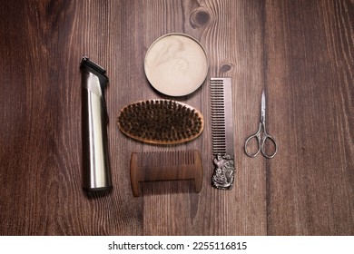 Different combs, brush and other tools for grooming a beard. Close up view. - Shutterstock ID 2255116815