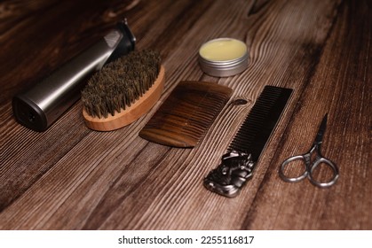 Different combs, brush and other tools for grooming a beard. Close up view. - Shutterstock ID 2255116817