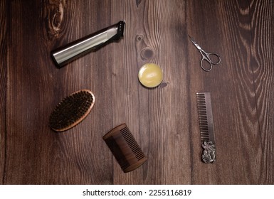 Different combs, brush and other tools for grooming a beard. Close up view. - Shutterstock ID 2255116819