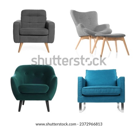 Different comfortable armchairs isolated on white, set