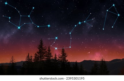 Different constellations in starry sky over forest at night - Shutterstock ID 2395301195