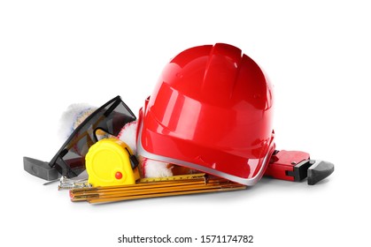 Different Construction Tools And Hard Hat Isolated On White