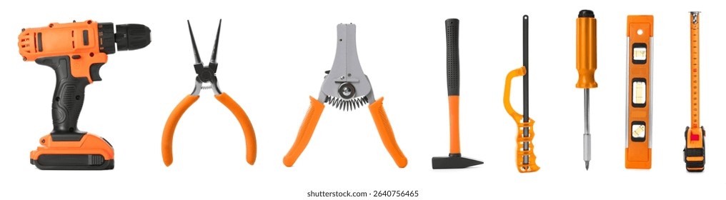 Different construction tools on white background, collage