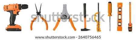 Different construction tools on white background, collage