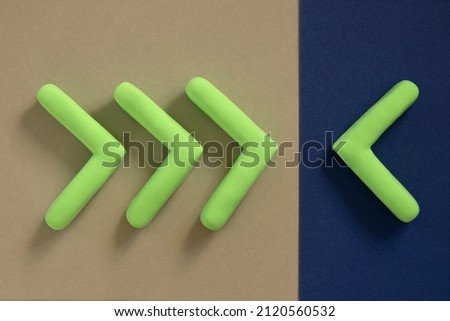 Different course of arrows symbol. Pointers set in opposite directions. Concept of objection, opposition, different opinion. Metaphor of conflict in the group, disagreement or obstacle.