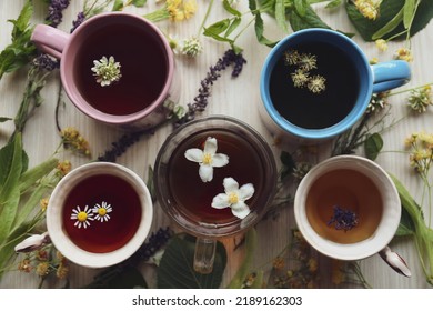 Different Cups Of Hot Aromatic Tea And Fresh Herbs On White Wooden Table, Flat Lay