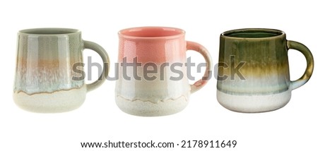 Different cups. Tea cup, kitchen coffee mug. Morning english crockery, beauty accessories for home breakfast exact mug set