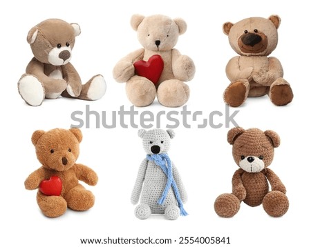 Different cute teddy bears isolated on white, collection