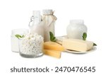 Different dairy products and mint isolated on white