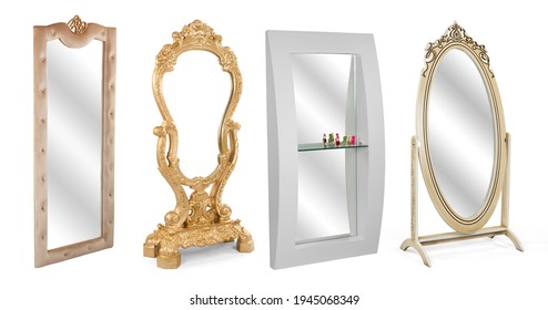 Different Decorative Standing Mirror Isolated On White Background