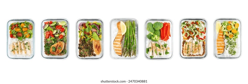 Different delicious meals in containers isolated on white, top view. Healthy diet - Powered by Shutterstock