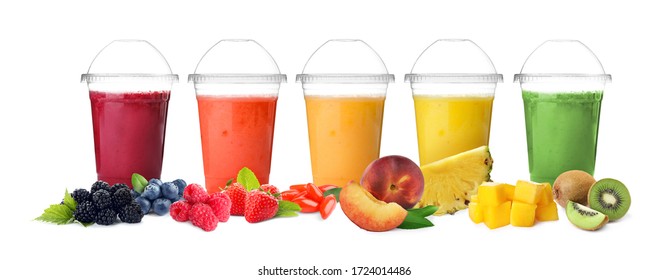 Different delicious smoothies in plastic cups on white background. Banner design - Powered by Shutterstock