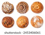 Different delicious sweet buns isolated on white, set