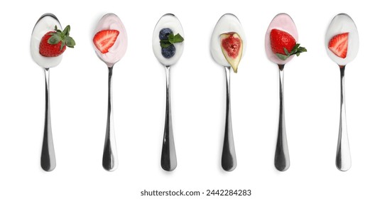 Different delicious yogurts in spoons isolated on white, top view - Powered by Shutterstock