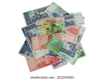 Different Denomenation Of Pakistani Currency Notes With A New 75 Rupees Note On White Isolated Background