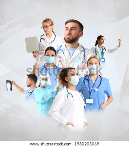 Different doctors on light background 